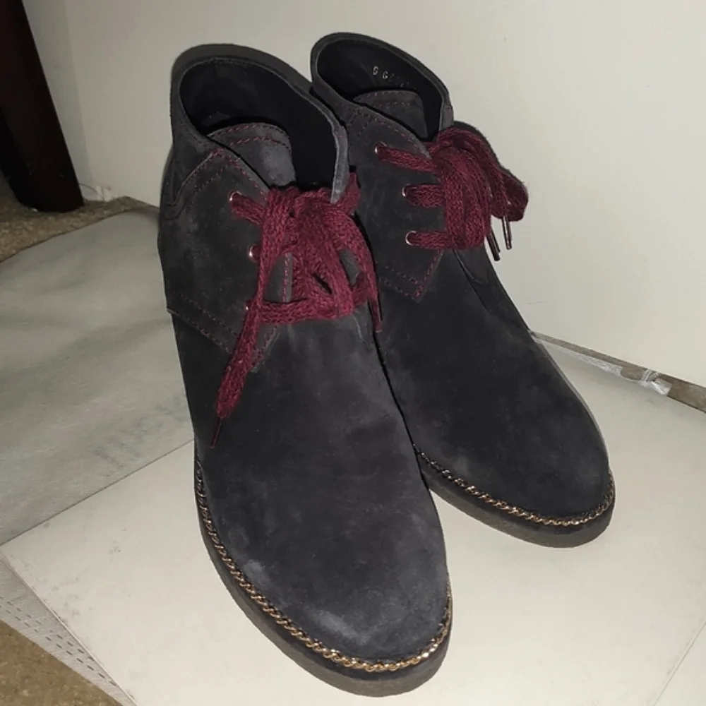 CHANEL Blueberry Blue Suede Wedge Boots 38.5